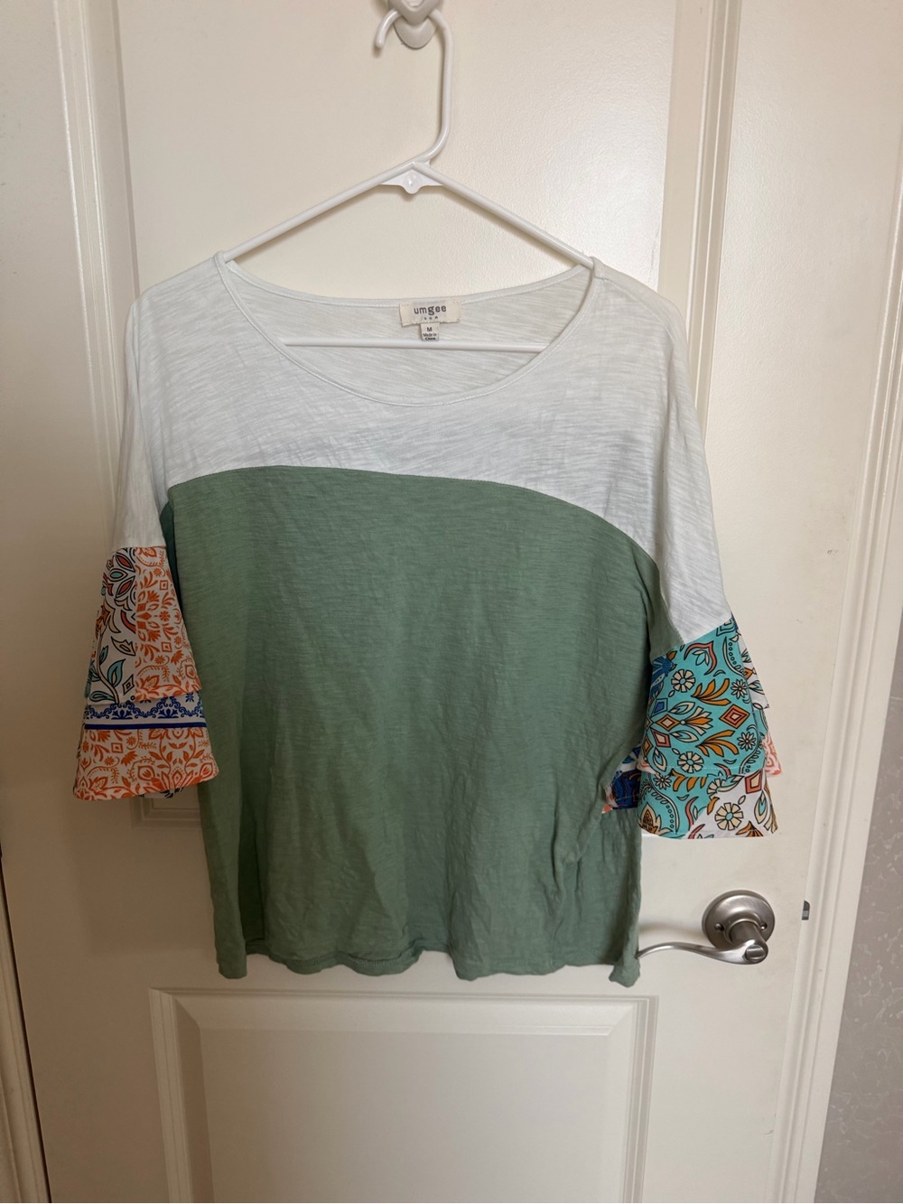 Umgee Green White Colorblock Top with Floral Bell Sleeves